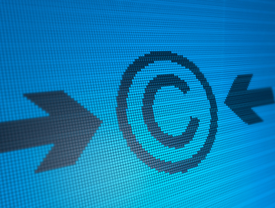 Digital copyright symbol with directional arrows, representing intellectual property protection and potential infringement online.